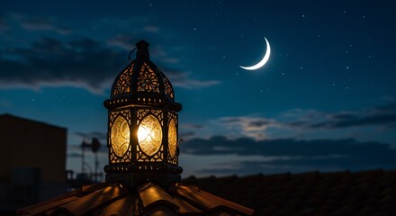 Illuminated Ramadan Lantern on Rooftop at Night with Crescent Moon and Stars - Islamic Festive Decoration