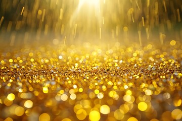 Golden Glitter Dust Falling From Sunlight Creating Bokeh Effect on the Ground