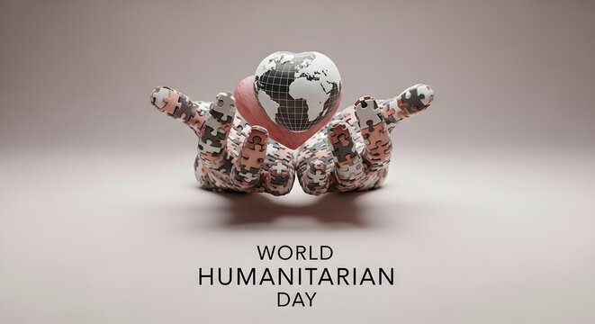 3D Puzzle Hands Holding Globe – World Humanitarian Day Minimalist Concept