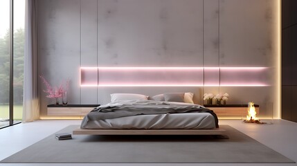 Misty grey and pale rose bedroom design, matte concrete backdrop with embedded light strips, luxury textured bedding and floor-to-ceiling windows