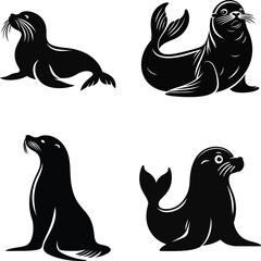 Set of Black Silhouettes of Seals in Various Poses
