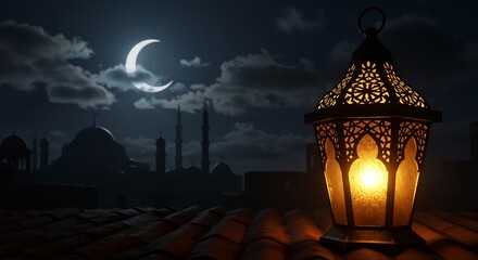Illuminated Ramadan Lantern on Rooftop with Crescent Moon and Mosque Silhouette at Night