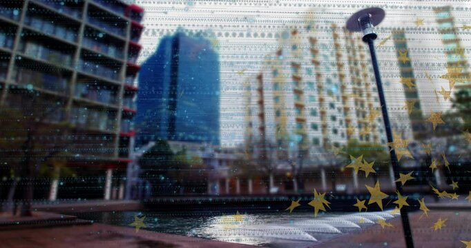 digital overlay starting third frame, spreading stars while water jets pulsing over reflecting pool