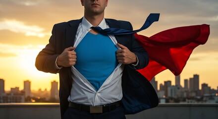 Confident Businessman Reveals Superhero Identity at Sunset Over City Skyline