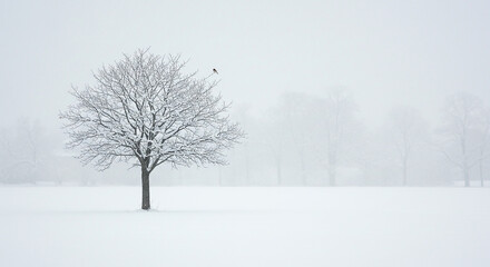 A single tree covered in snow with a bird perched on a branch in a white snowy landscape scene