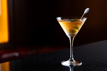 Classic Dry Cocktail with Green Olives and Garnish on a Dark Bar Top