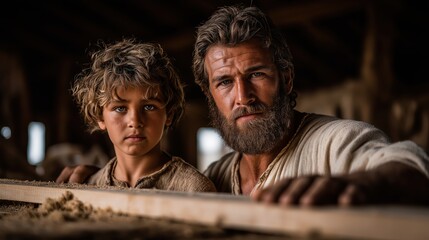 Young Jesus works beside Joseph in a sunlit carpentry shop in Nazareth, their hands shaping wood with quiet focus and warmth in a moment of sacred simplicity and connection.