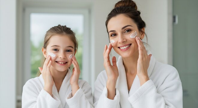 Mother and Daughter Applying Face Cream Together in Bathroom, Skincare Routine, Beauty Treatment - Powered by Adobe