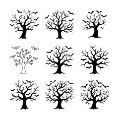 spooky tree with bats vector design set