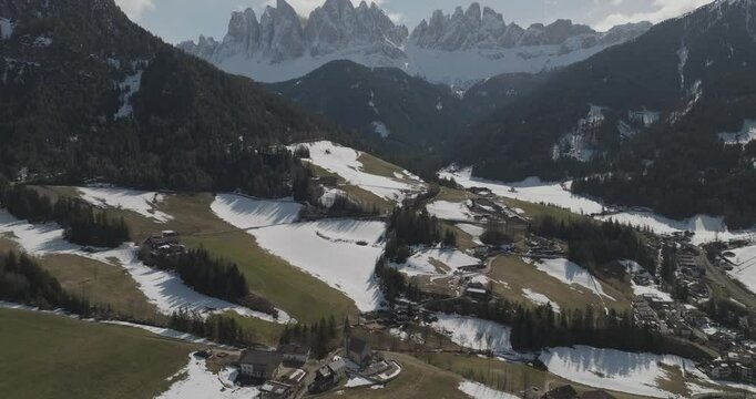 Aerial view of Santa Maddalena Church, Italian Alps, Trentino, Italy.