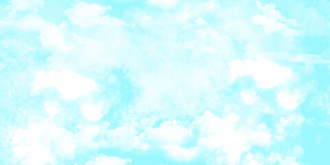 Light Blue Sky with White Clouds Watercolor Painting Soft Texture  Fluffy clouds on the sky background. Cloudscape view.