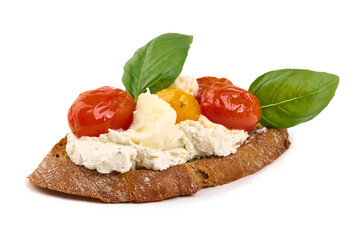 Bruschetta with Tomatoes, Ricotta Cheese, Basil, isolated on white background