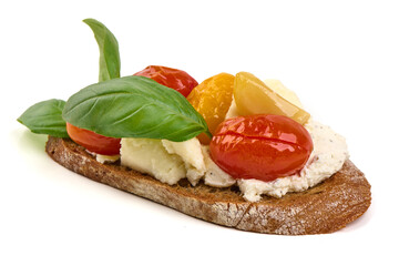 Tomato Bruschetta Bread with Basil, isolated on white background