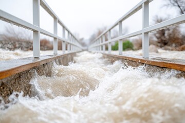 Flood damaging a small bridge during a natural disaster