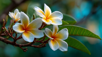 Obraz premium A close up of white and yellow plumeria flowers with water droplets on a branch with green leaves