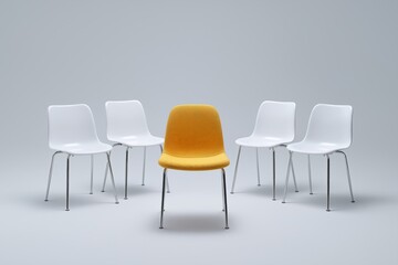 Obraz premium Yellow chair among white chairs in minimalist setting