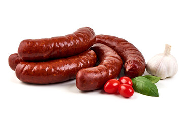 Smoked sausages, Isolated on White Background.