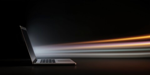 Laptop emitting colorful light streaks in dark background