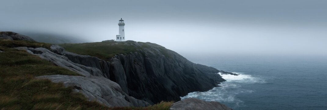 Majestic lighthouse amid fog on rocky coastline with ocean waves
