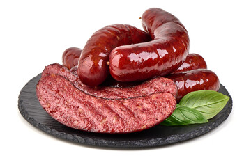 Roasted BBQ Sausages with Basil, isolated on white background.