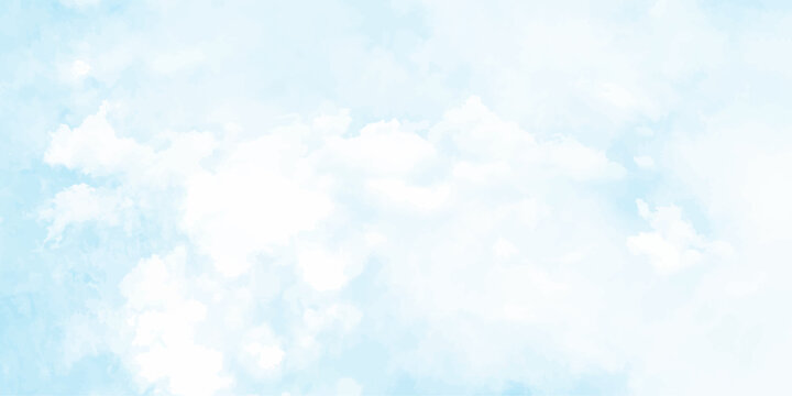 Light Blue Sky with White Clouds Watercolor Painting Soft Texture  Fluffy clouds on the sky background. Cloudscape view.