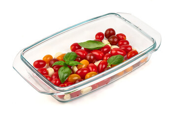 Cherry Tomatoes with Basil and Garlic, isolated on white background