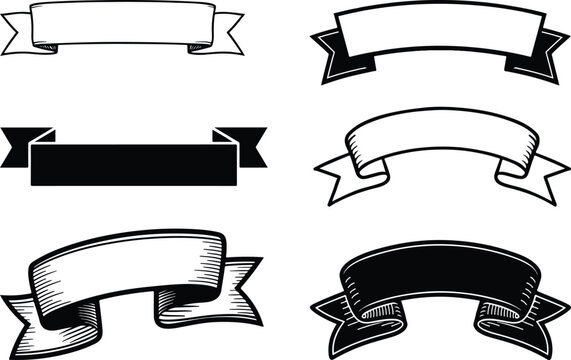 Vector art of a collection of six handdrawn vintage banners and ribbons in black and white