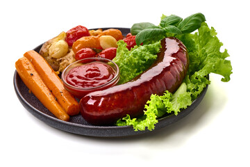 Sausages with Roasted Vegetables, isolated on white background