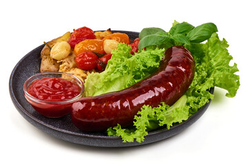 Sausages with Roasted Vegetables, isolated on white background