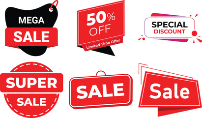 Vector art of a collection of six red and black sale and discount tags and banners isolated on white background