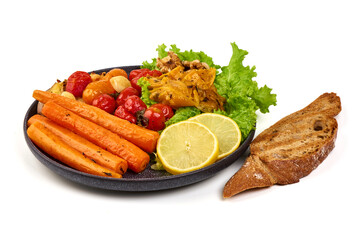 Roasted Vegetables Plate, Carrots, Tomatoes, Squash, Bread, Isolated on White Background