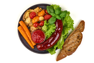 Sausages with Roasted Vegetables, isolated on white background