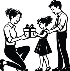 Parents giving gift box to child Vector Illustration isolated on a white background