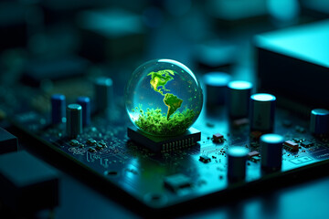 a crystalline glass globe levitating over a dark electronic circuit board, glowing with an ethereal light, conveying the concept of global connectivity and technological innovation,