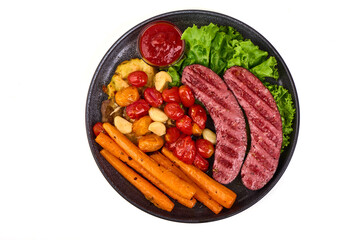 Grilled Sausages with Carrot, Tomatoes and Lettuce, isolated on white background