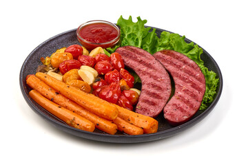 Grilled Sausages with Carrot, Tomatoes and Lettuce, isolated on white background