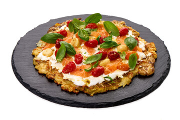 Potato Cake with Salmon, Tomatoes and Basil, isolated on white background
