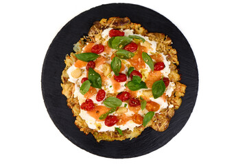 Potato Cake with Salmon, Tomatoes and Basil, isolated on white background