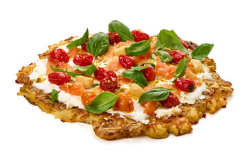 Potato Cake with Salmon, Tomatoes and Basil, isolated on white background