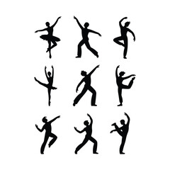 Nine black silhouette dancers in various ballet poses