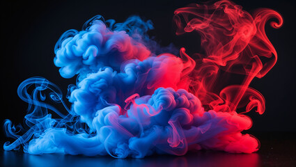 Red and blue ink mixing together creating abstract shapes