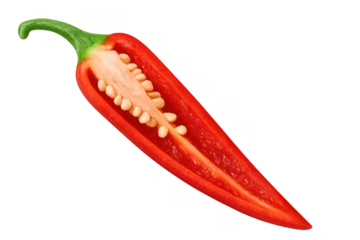 Küchenrückwand glas motiv Scharfe Chili-pfeffer Red chili pepper cut in half lengthwise, revealing seeds and white pith against a transparent background  © Michael