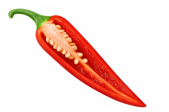 Red chili pepper cut in half lengthwise, revealing seeds and white pith against a transparent background