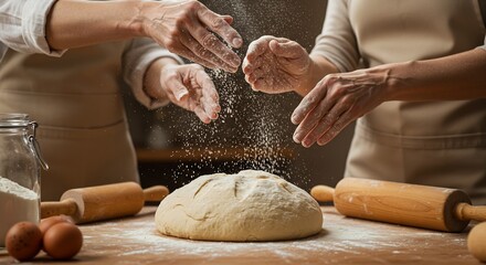 Two Bakers Dusting Flour Over a Loaf of Homemade Bread Dough on a Wooden Table