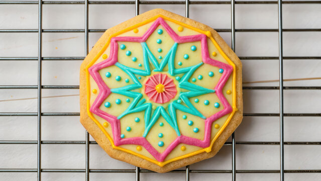 Colorful decagon shaped cookie with intricate icing design in pink blue and yellow on cooling rack creating vibrant and festive treat