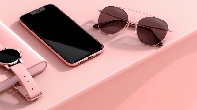 Rose Gold Aesthetic Featuring Phone, Watch, Sunglasses, and Notebook on a Delicate Pink Background Displaying Modern Tech and Accessories