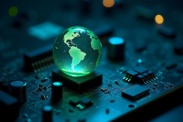 a crystalline glass globe levitating over a dark electronic circuit board, glowing with an ethereal light, conveying the concept of global connectivity and technological innovation,