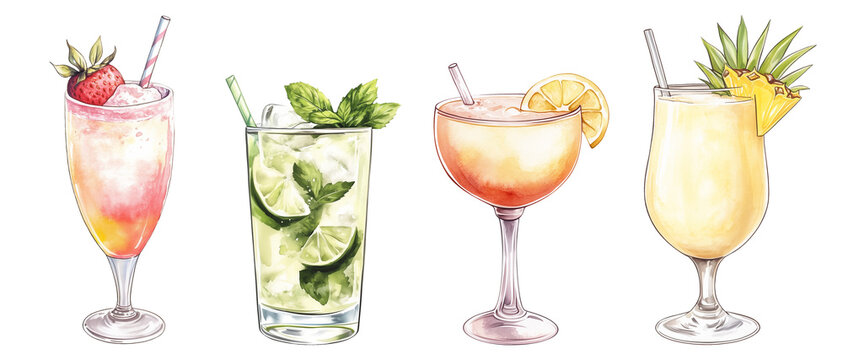 Set of cocktails. Summer watercolor drinks. Beverage clipart.