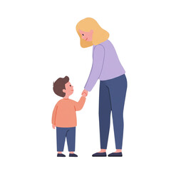 Obraz premium Mother holding hands with young son in a cute illustration design no background, isolated