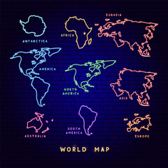 Neon Continents World Map. Vector Glowing Art Illustration of Geographical Shape. Geography and Cartography. Led Lamp Object Labels with Text.